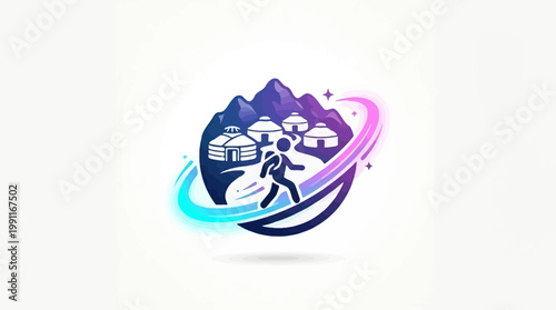 Vibrant Illustration of a Hiker, Yurts, and Majestic Mountains.