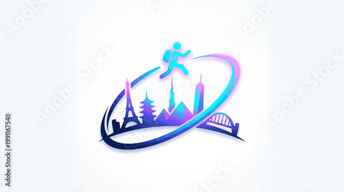 Vibrant Travel Logo Depicting Iconic World Landmarks and a Dynamic Figure.
