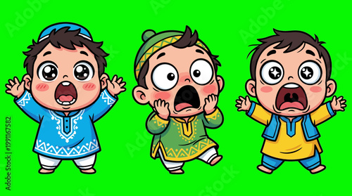 Three Cartoon Children Expressing Shock and Surprise with Open Mouths.