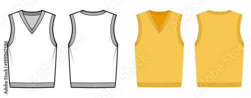 Sleeveless knit vest with v neck opening and ribbed finishing creating relaxed silhouette with soft structure and classic knitted proportions. Technical fashion illustration in black white color