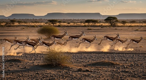 Herd of Antelopes Running Across Desert Landscape.