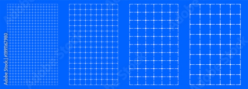 Blueprint grid set rounded cross geometry, four scale variations. Wide medium dense micro spacing comparison, engineering layouts dashboards notebook pages interface planning systems graphics.
