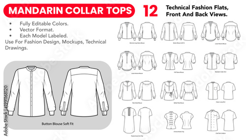 Mandarin Collar Tops set with black and white technical fashion flats, front and back views, outline versions, stand collars and placket details. Vector illustration
