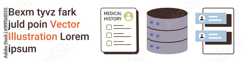 Healthcare data management, digital security, database systems, medical records storage, online profiles, patient information. A medical history form, database icons and digital profiles. Healthcare