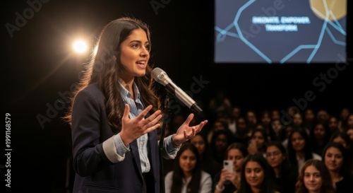 A confident businesswoman giving a presentation to a large audience in a professional setting