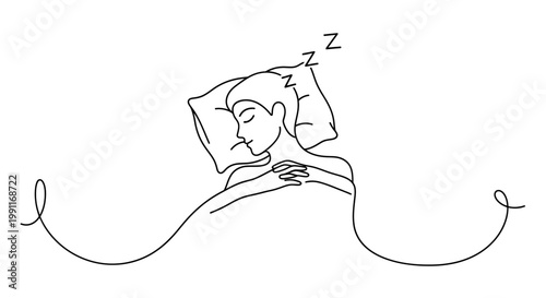 A minimalist continuous line art illustration of a person peacefully sleeping on a pillow under a blanket, symbolizing rest and tranquility