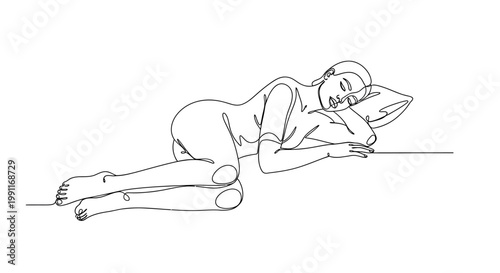 Continuous line art illustration of a woman sleeping peacefully on her side, with her head resting on a pillow, evoking a sense of tranquility and rest