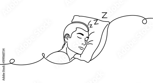 Continuous line art illustration of a person sleeping peacefully on a pillow with zzzs floating above, representing rest and relaxation