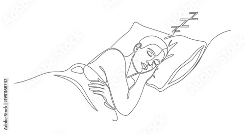 One continuous line drawing of a person sleeping peacefully on a pillow with zzz symbols indicating sleep or dreaming, representing rest and relaxation