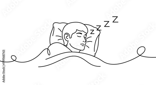 Person sleeping soundly under a blanket, depicted in a minimalist continuous line art style, symbolizing rest and tranquility with subtle 'z's indicating deep sleep