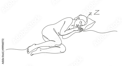 Minimalist continuous line art drawing of a person sleeping peacefully on a pillow, capturing the essence of rest and tranquility