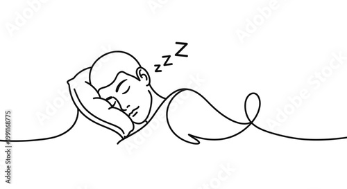 Continuous line art illustration of a person sleeping peacefully on a pillow with Zzzs indicating sleep, representing rest and relaxation in a minimalist style