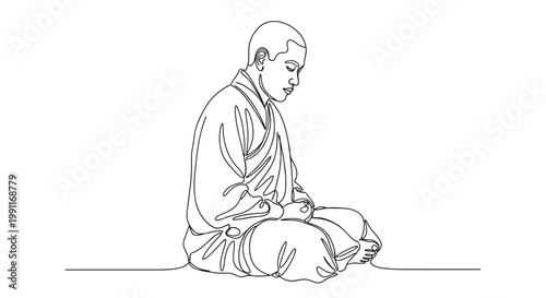 Single continuous line drawing of a Buddhist monk meditating in a cross-legged position, conveying peace and mindfulness in art