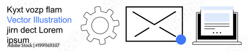 Communication tools, email notifications, technology, user interface design, online communication, automation. Gear, envelope and laptop icons with digital elements. Communication and email
