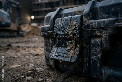 Close-up of tool box latch underside with thick buildup of industrial grease and mud