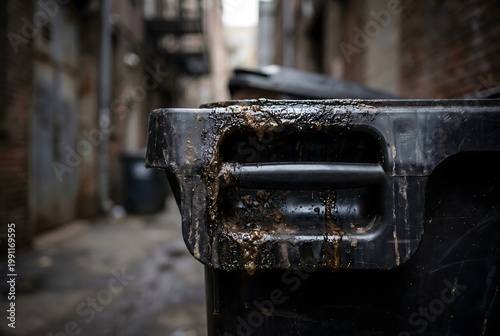 Close-up of large dumpster handle indent with thick buildup of black sludge and grease