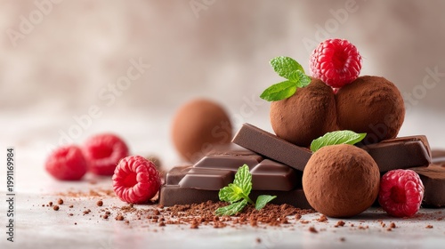 Assorted Chocolate Desserts with Raspberries and Mint Leaves on a Table