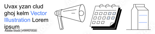 Communication, scheduling, organization, marketing, daily essentials, product packaging. Minimalistic icons of a megaphone, calendar and milk carton. Communication and scheduling concept