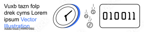 Finance, digital economy, time management, data processing, online transactions, financial planning. A clock beside coins and binary code. s finance and digital economy concepts