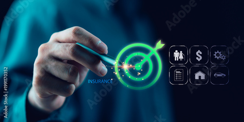 Insurance advisor targets financial protection strategy using digital interface, highlighting risk management, policy selection, coverage planning, asset security, and wealth protection insights.