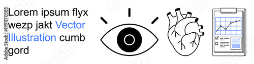 Healthcare, vision care, medical monitoring, biometric data, cardiology, research. Eye, human heart clipboard with graph. Vision care and cardiology monitoring