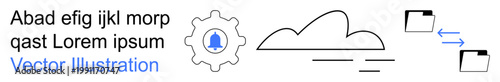 Data transfer, cloud storage, file sharing, digital tools, technology infrastructure, collaboration. Gear with bell notification, cloud shape folders with transfer arrows. Data transfer and cloud
