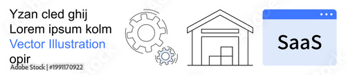 Supply chain, technology, SaaS platforms, digital tools, logistics management, operational efficiency. Gear and warehouse outline with SaaS label nearby. Supply chain and technology