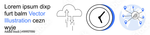 Data synchronization, cloud storage, time tracking, global network, technology innovation, connectivity. Cloud with arrows, clock and globe with nodes. Cloud storage and time tracking
