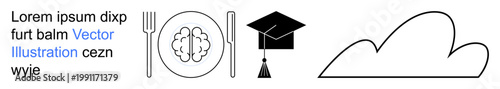 Education, knowledge enhancement, critical thinking, food for the brain, intellectual growth, creativity. A brain on a plate with cutlery, a graduation cap and a cloud. Education and knowledge