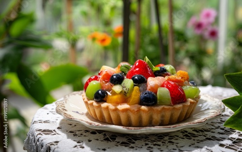 Glossy Fruit Tart on Rustic Plate Surrounded by Lush Greenery and Flowers