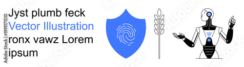 Artificial intelligence, data security, technology advancement, biometrics, farming sustainability, automation. A robot, fingerprint shield and wheat illustration. AI and data security combined