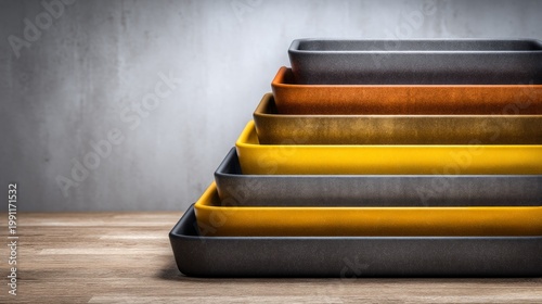 Stacked Baking Trays in Vibrant Colors with a Modern Rustic Background