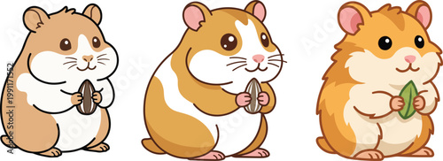 Cute cartoon hamsters holding food in different poses, colorful vector illustration isolated on white background, perfect for pet, kawaii, and children’s design themes.