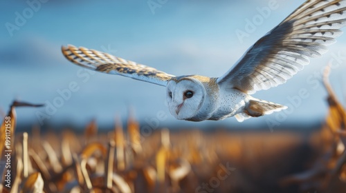 Owl Gliding Gracefully Over Harvested Field at Twilight