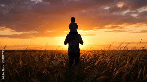 Silhouette of a father carrying his young child on his shoulders in a field at sunset.
