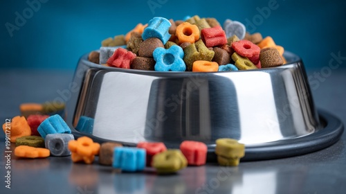 Colorful Pet Food Bowl Upside Down with Vibrant Pieces on a Solid Surface