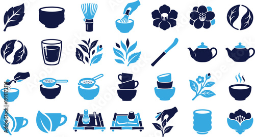 Japanese tea ceremony icons set with matcha preparation tools and tea leaves.