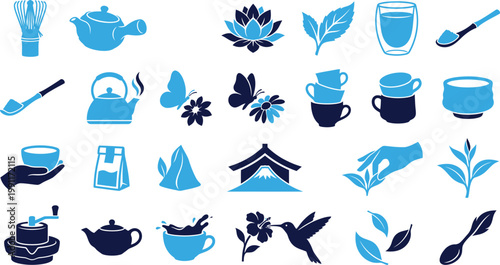 Tea icons collection for matcha and green tea preparation and enjoyment.