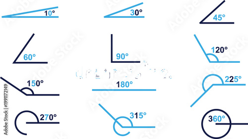 Set of geometric angle measurements from 10 to 360 degrees vector illustration.