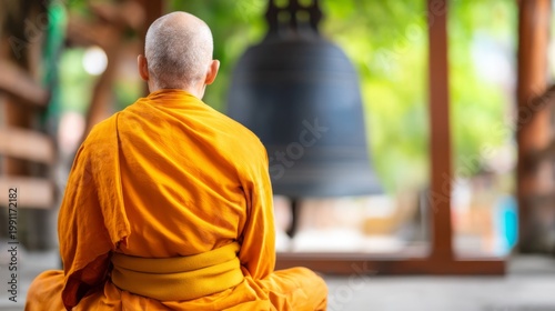 Monk Seated in Meditation Posture Facing Large Temple Bell Outdoors