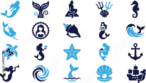 Collection of blue and dark blue nautical and mermaid icons vector illustration.