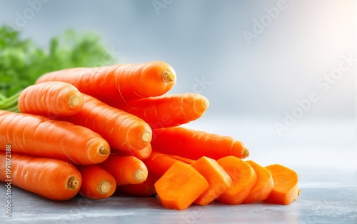 Bright Orange Carrots Bundled Together with Fresh Green Leaves and Cuts