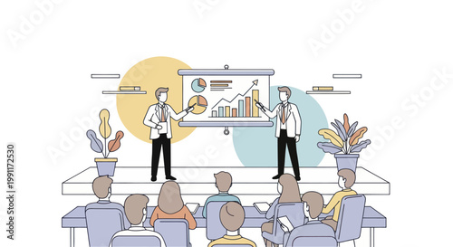 Business professionals presenting financial data to an audience.