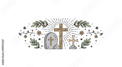 Christian Cross and Tombstone with Laurel Wreaths.
