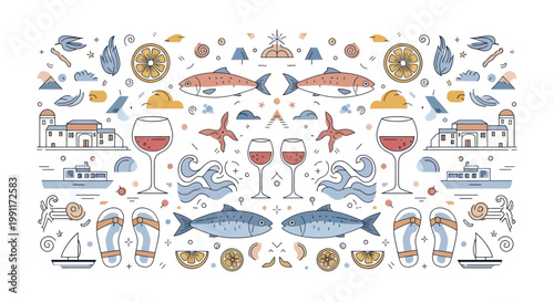 Coastal Delights - A Symmetrical Doodle Pattern of Seafood, Wine, and Maritime Elements.