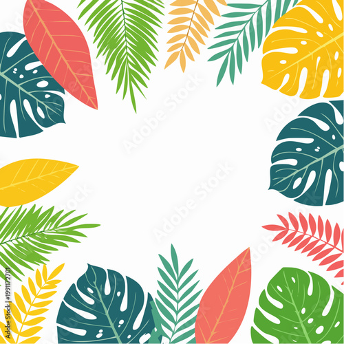 Abstract tropical plant background vector. Colorful boho foliage botanical tropical leaves and floral pattern. Illustration for summer sale banner , wall art, prints and fabrics. 