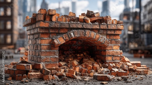Broken Brick Chimney Structure with Missing Upper Section and Debris