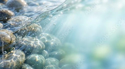 Underwater view of pebbles shimmering in clear water, with sun rays passing through