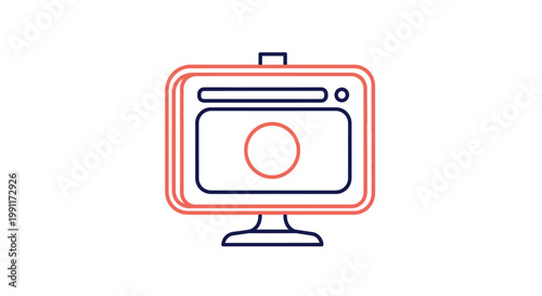 Clean duotone line icon representing a monitor with a circular camera lens in the center, perfect for technology and media concepts