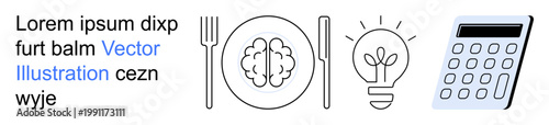 Education, intellectual growth, innovation, problem-solving, dietary health, and decision-making. Brain, plate with utensils light bulb and calculator. Innovation and intellectual growth concepts
